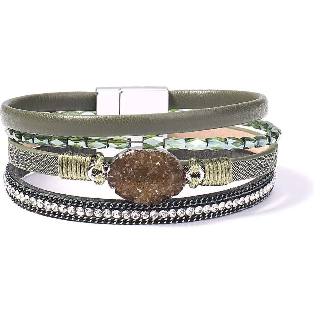 Leather Wrap Bracelet Boho Cuff Bangle Multi Layer Crystal Bead Jewelry Women